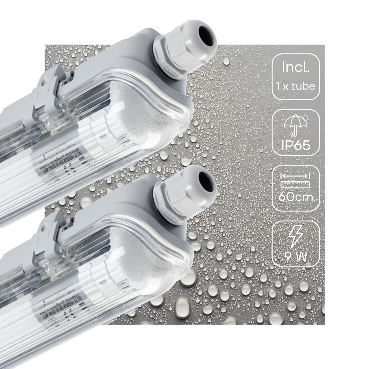 LED TL Armatuur 900 Lumen - 9W - Koelwit 4000K - 60cm - IP65 - IK06 - EasyClick - 2 Stuks