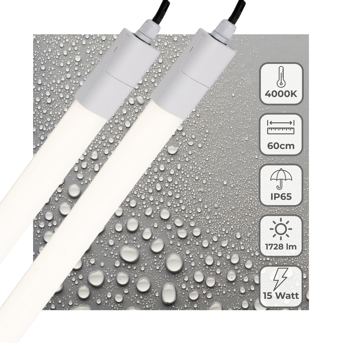 LED TL Armatuur 1725 lumen - 15W - Koelwit 4000K - 60cm - IP65 Waterdicht - IK06 - 2 stuks