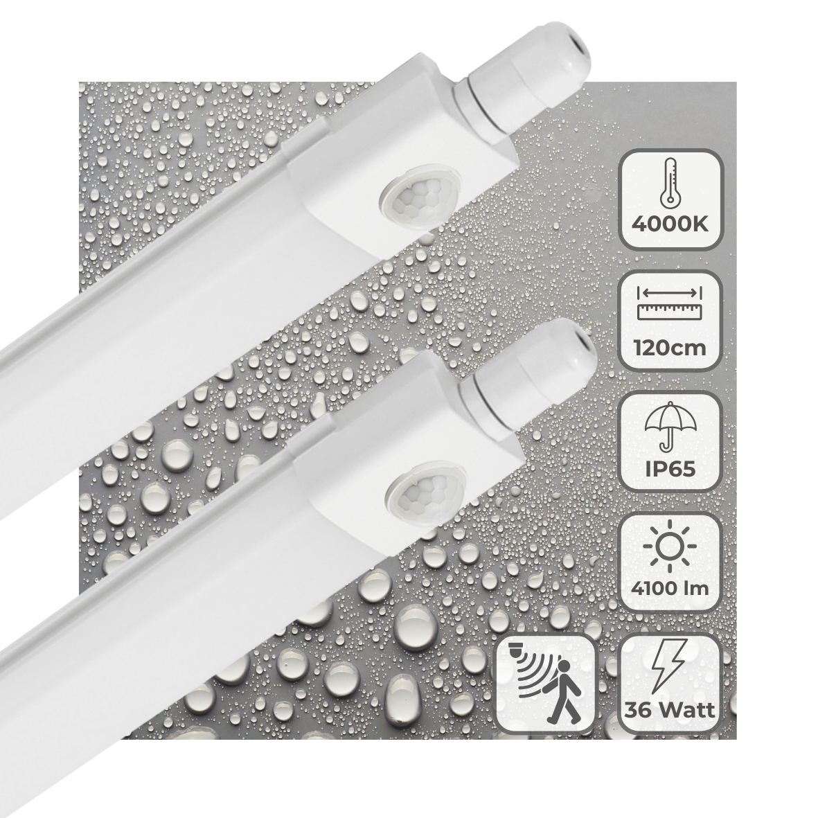 LED Vochtbestendig armatuur 120cm - 4100 Lumen - 36W - Koelwit 4000K - PIR bewegingssensor - IP65 - 230V - 2 stuks