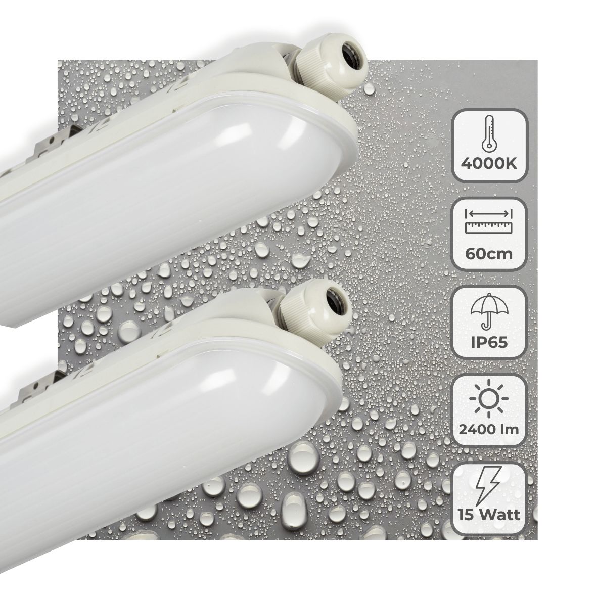 LED TL Armatuur 2400 Lumen - 15W - Koelwit - IP65 Waterdicht - 60cm - 2 stuks