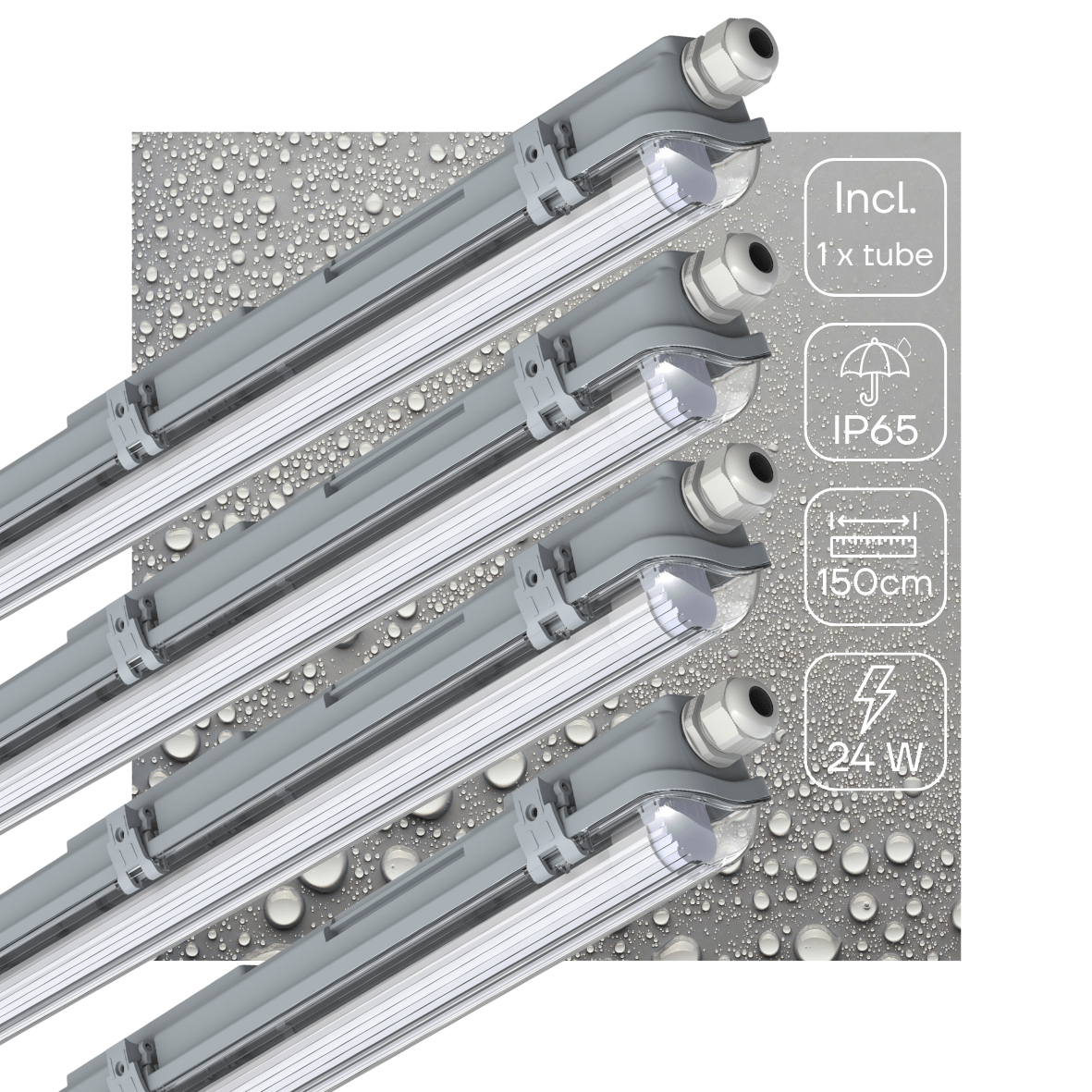 Réglette LED étanche 2880 lumens - 24W - Blanc lumière du jour 6500K - IP65 - 150cm - 4 pièces