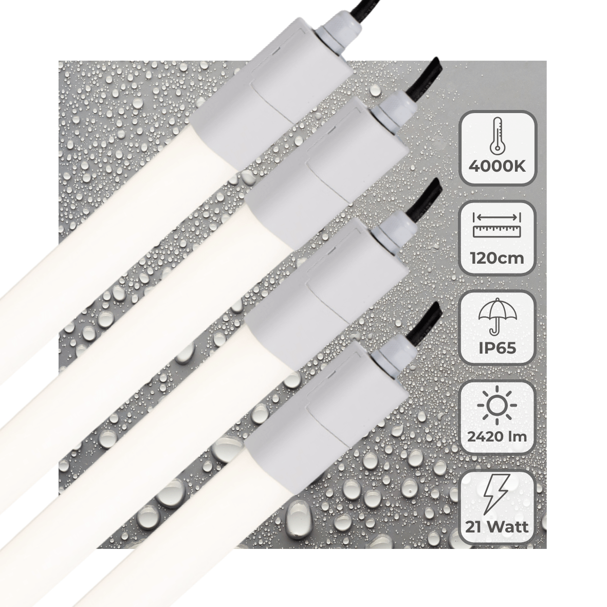 Luminaire LED TL 2420 lumens - 21W - Blanc froid 4000K - 120cm - IP65 étanche - IK06 - 4 pièces