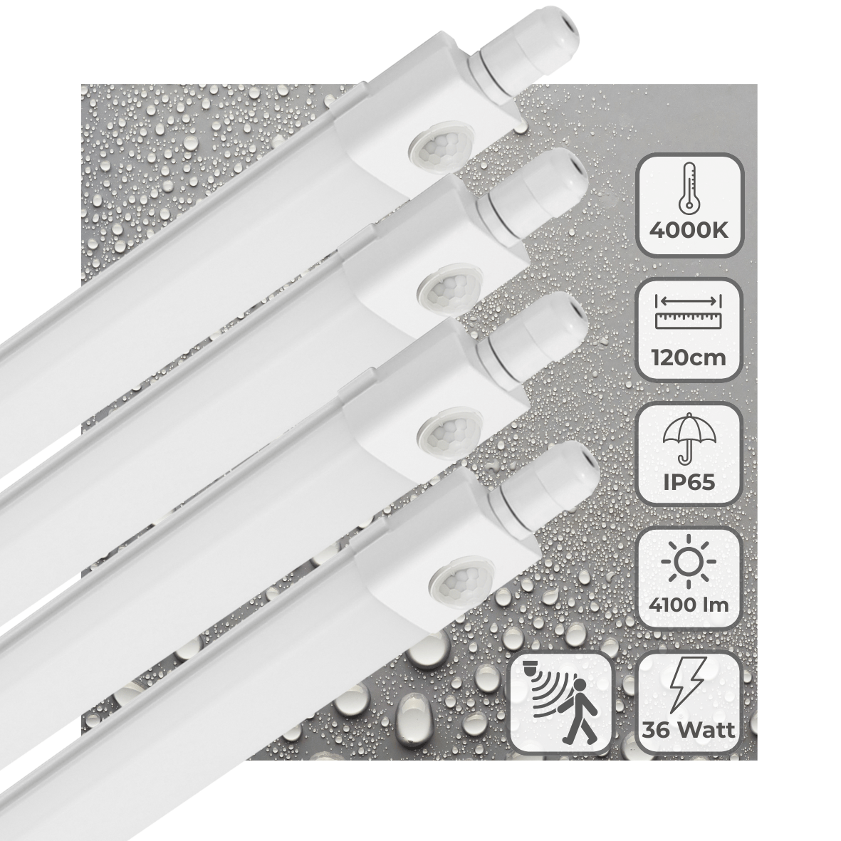 LED Vochtbestendig armatuur met PIR sensor 120cm - 4100 lumen - 36W - Koelwit 4000K - IP65 - 4 stuks