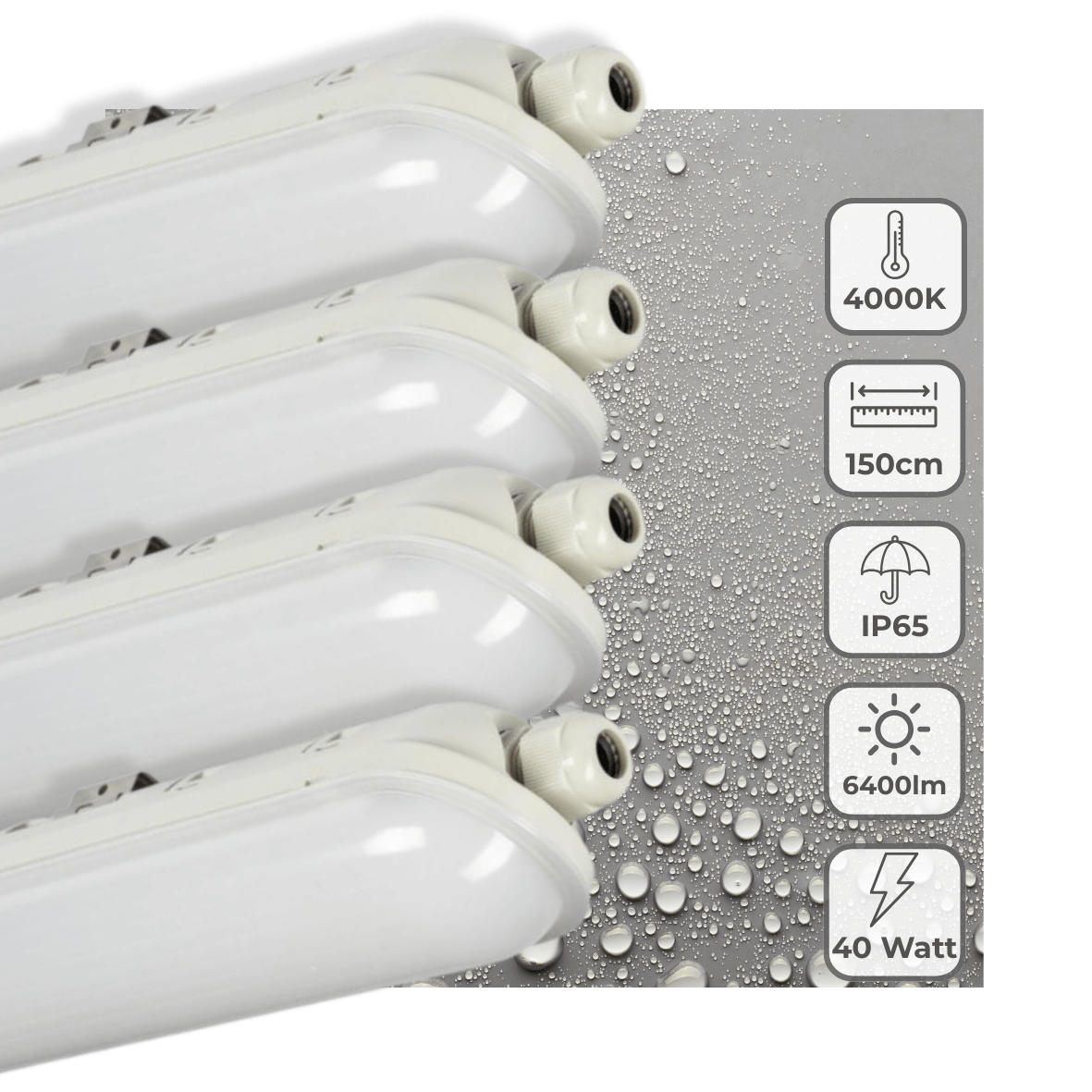 LED TL-armatuur 6400 lumen - 40W - Koelwit 4000K - IP65 Waterdicht - 150cm - 4 stuks