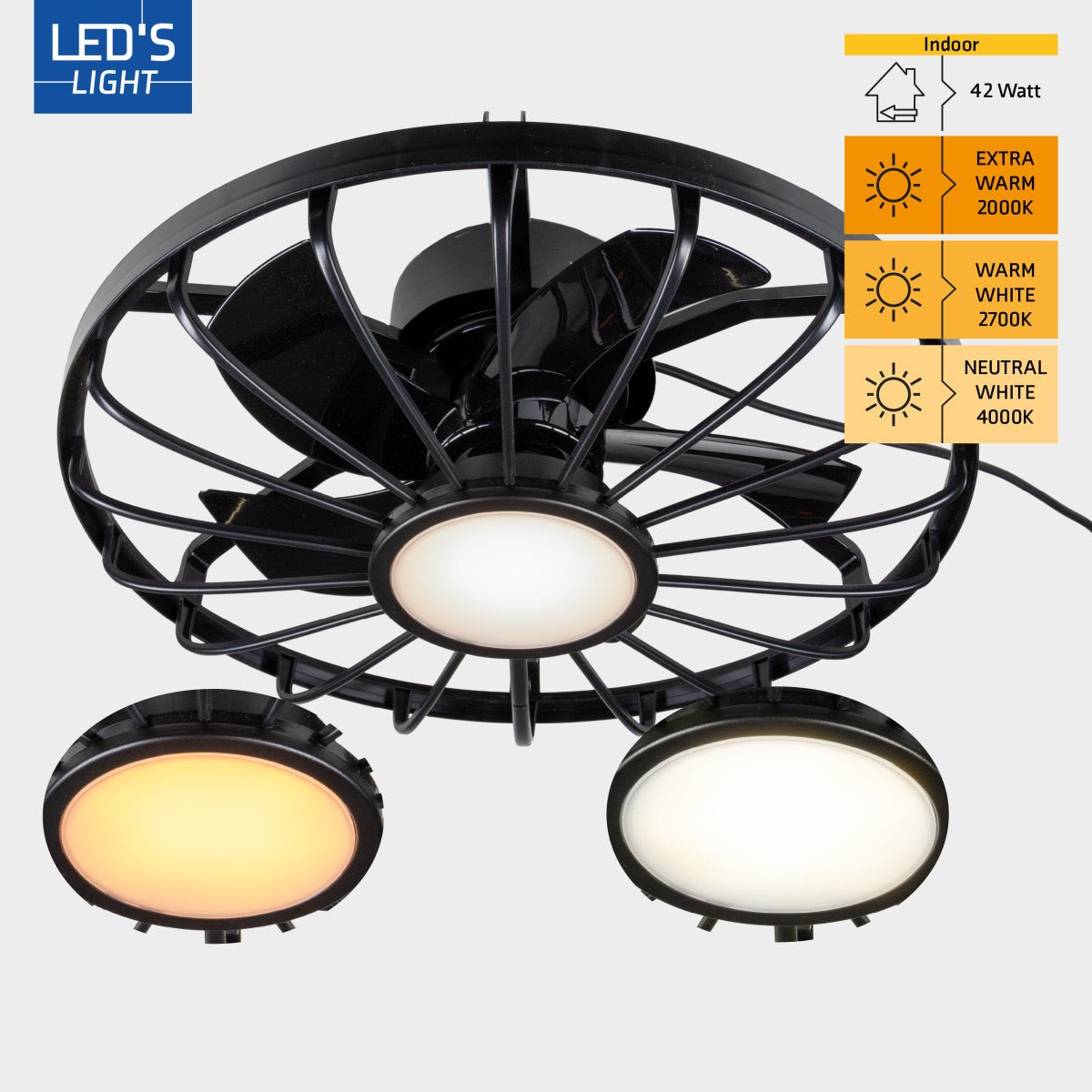 LED plafondventilator 900 lumen - 22W - extra warmwit 2000K / koelwit 4000K - afstandsbediening - IP44 - 51cm - zwart