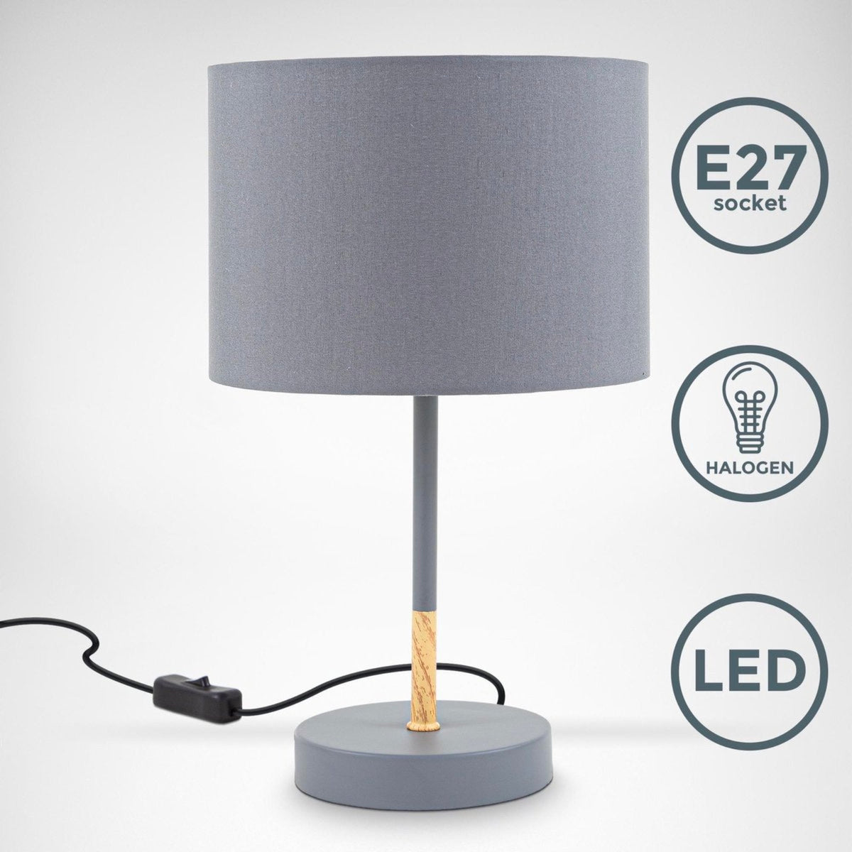 B.K.Licht - Grijze tafellamp - Metaal & stof - Met kap - Scandinavische bedlamp - Slaapkamer lamp - E27 fitting - Excl. lichtbron
