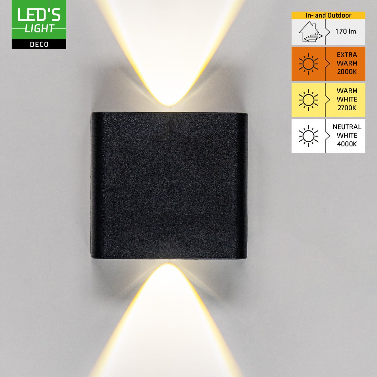 LED Wandarmatuur 170 Lumen - 2W - Koelwit 4000K/Warmwit 2700K/2000K - Zwart - IP65 - Buitenverlichting