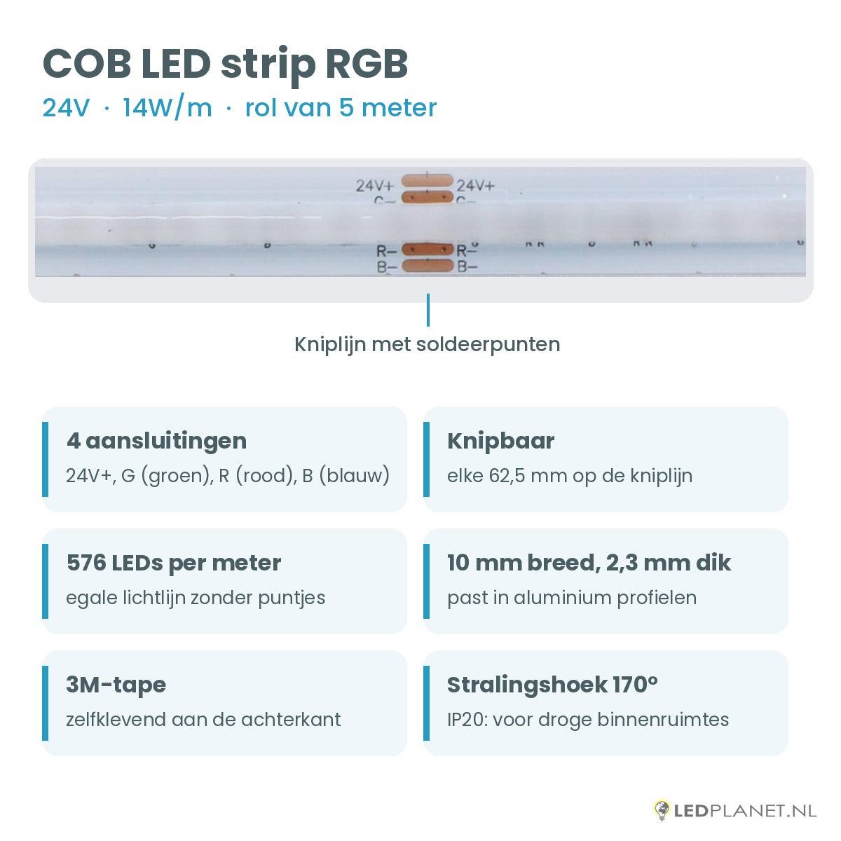 COB LED strip RGB 24V 14W/m: specificaties, knipbaar per 62,5 mm