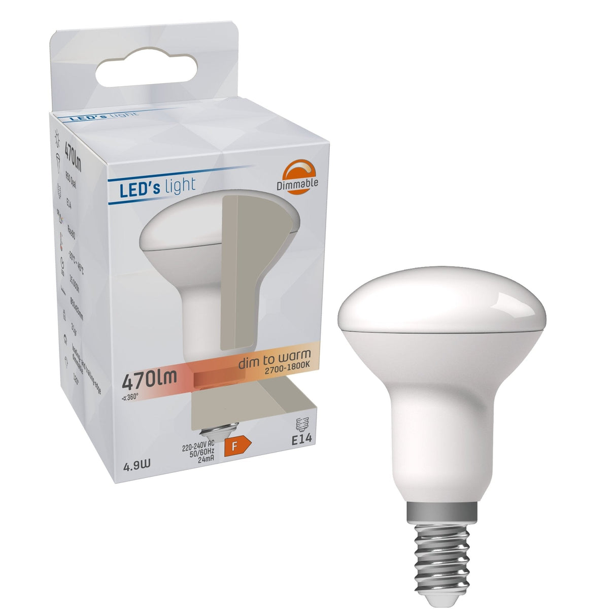 LED Reflectorlamp 470 lumen - 4,9W - Dim-to-Warm 2700K-1800K - E14 R50