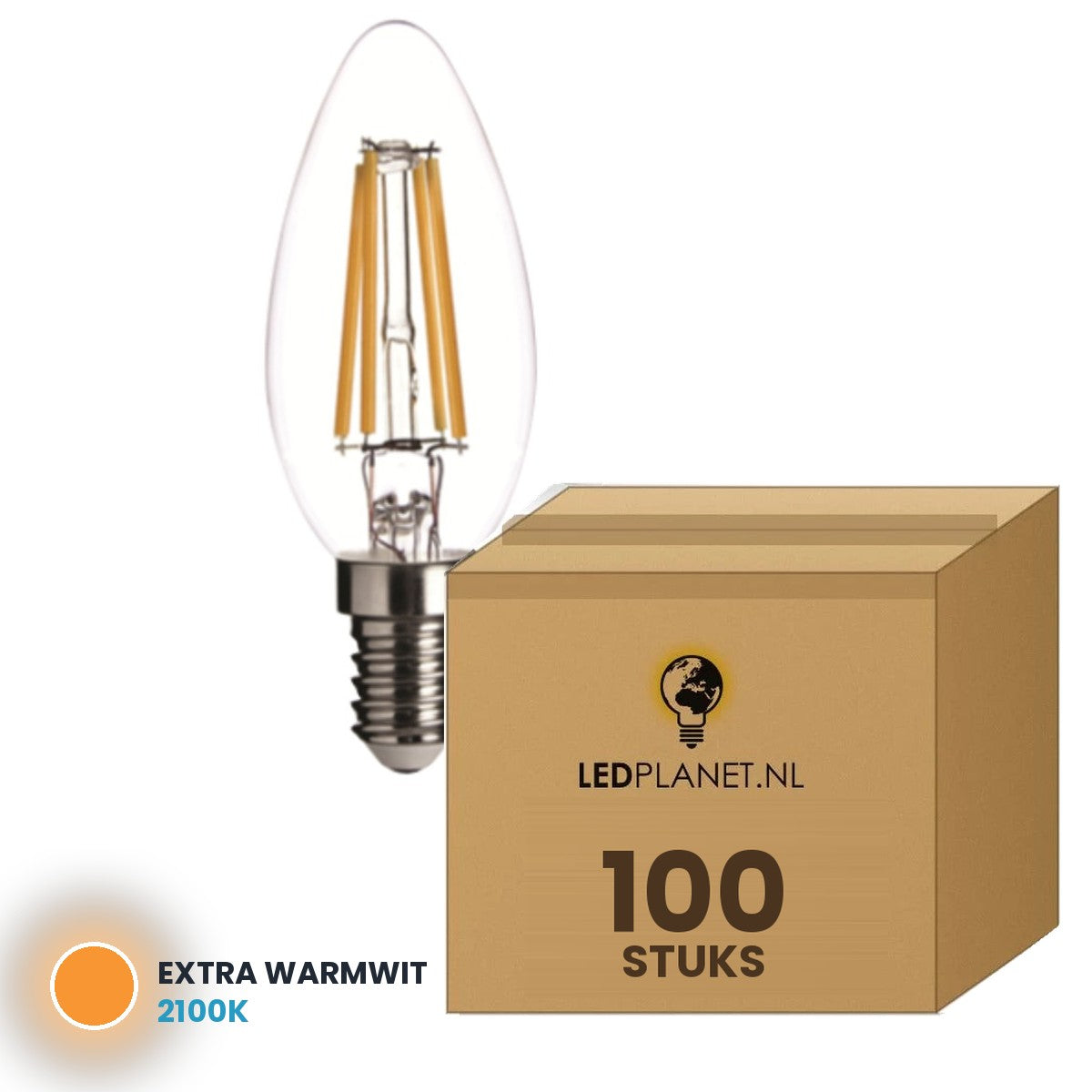Kaarslamp E14 C35 spitse tip, 100 stuks, 2100K, doos