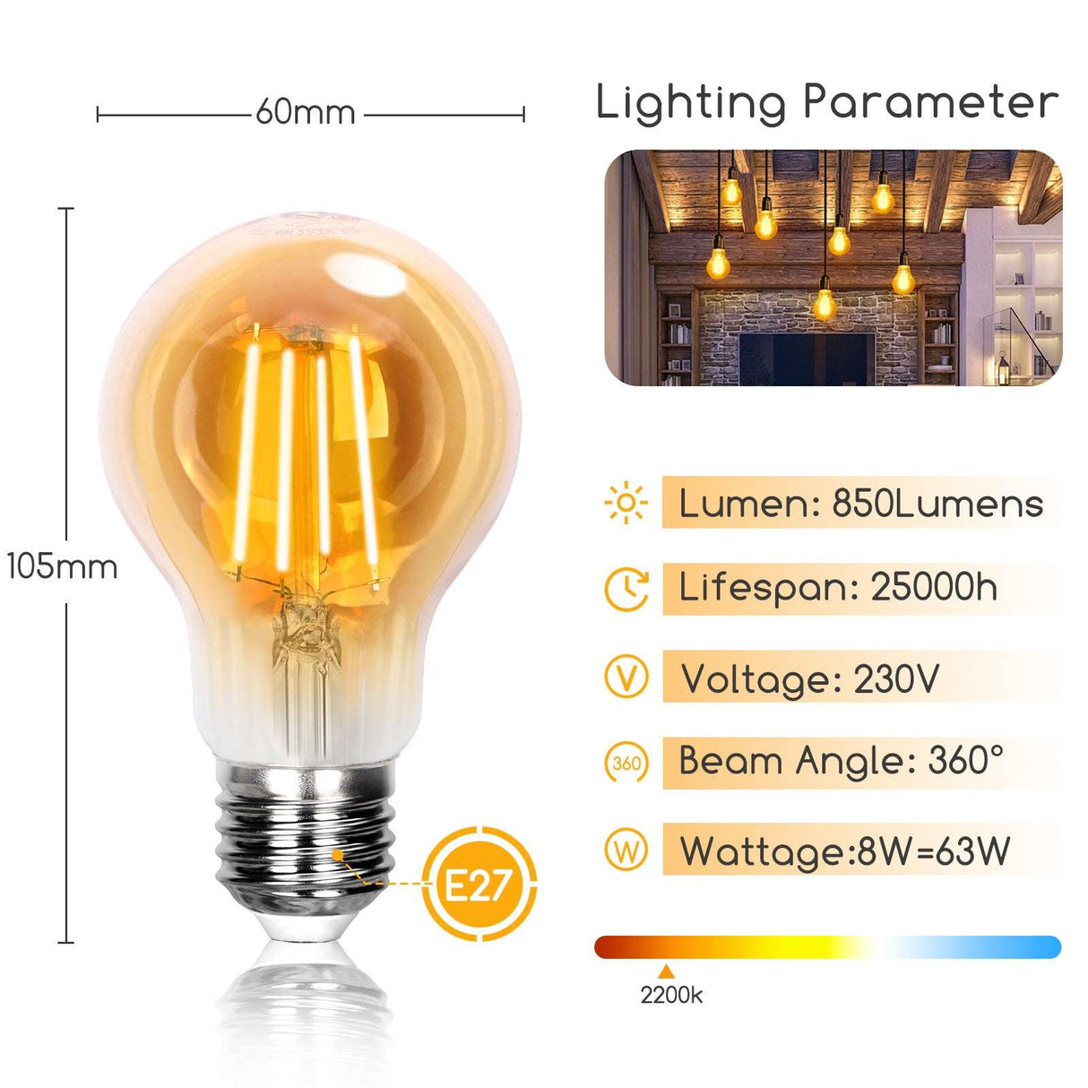 Ampoule E27 10 pièces | LED 8 W=63 W blanc chaud | 850 lumens - 2200 K - verre ambré - LEDPLANET.NL