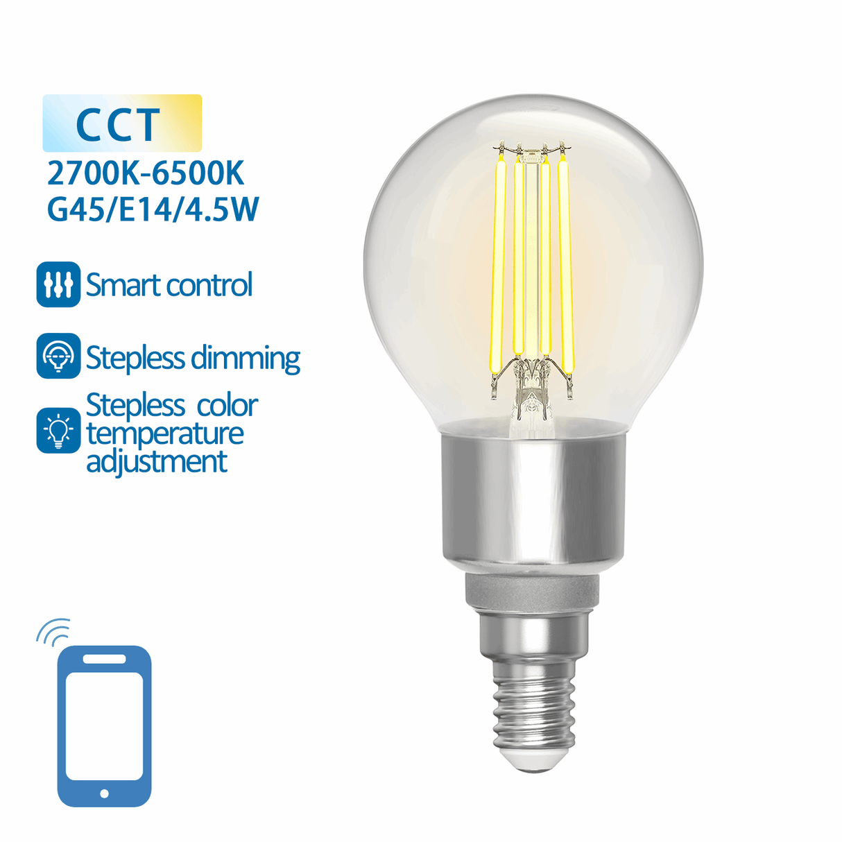 Kogellamp E14 4.5W WiFi + Bluetooth CCT 2700K - 6500K | Smartlamp G45 - warmwit - daglichtwit filament LED ~ 470 Lumen - helder glas - 230 Volt - LEDPLANET.NL