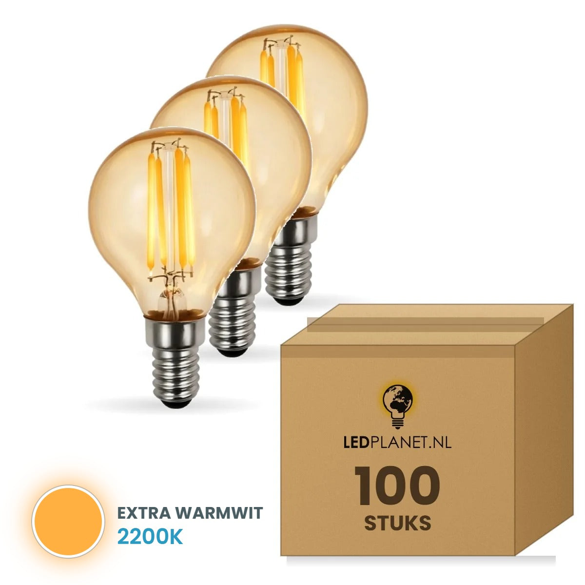 Kogellamp E14 G45, LED 5W=25W, 350 Lumen, Amber 2200K, Dimbaar, doos 100 stuks, 230V