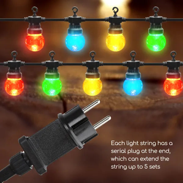 Aigostar LED lichtslinger buiten waterdicht met meerdere kleurrijke lampen voor sfeervolle buitenverlichting.