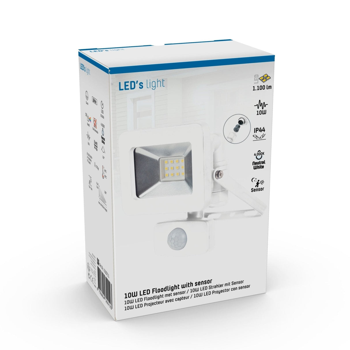 LED schijnwerper 1100 lumen - 10W - koelwit 4000K - bewegingssensor - daglichtsensor - IP44 waterdicht - wit - 230V