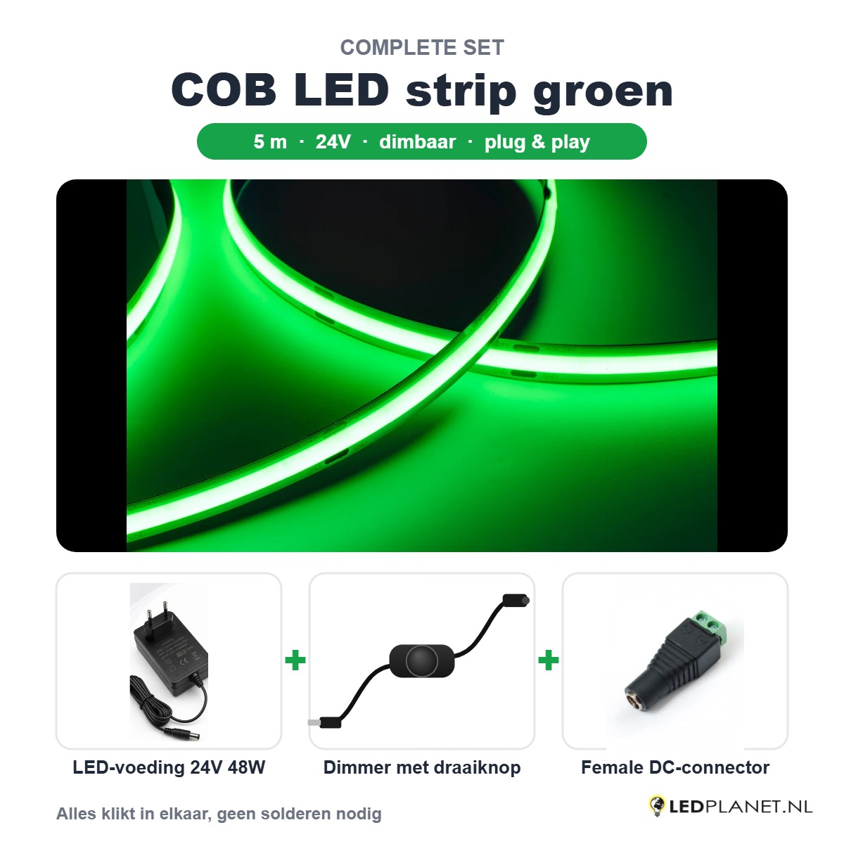 Complete set COB LED strip groen 5 meter met 24V 48W voeding, dimmer en female DC-connector