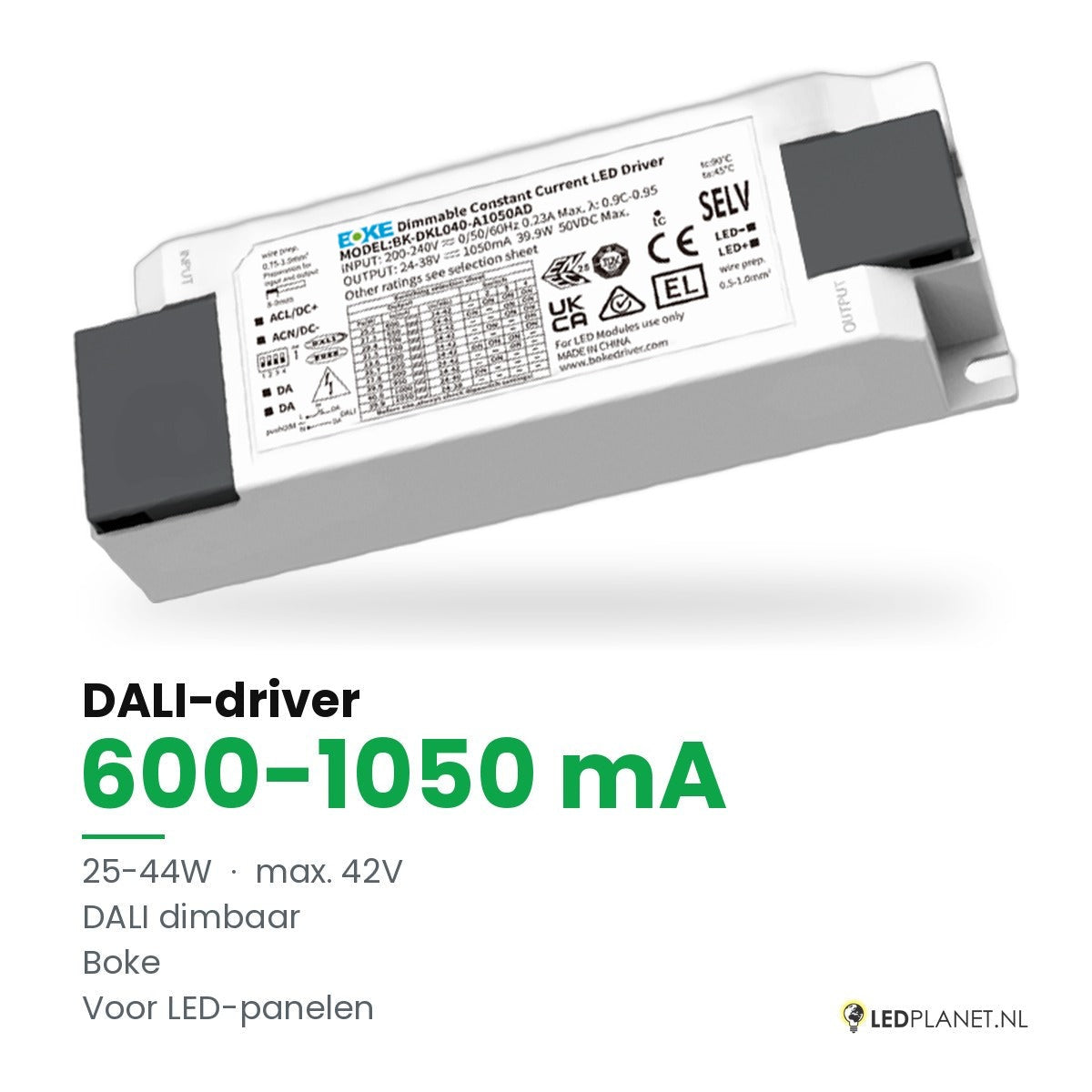 Dimbare LED-driver DALI - 25-44W - 600-1050 mA instelbaar - max. 42V - Boke - zonder aansluitkast