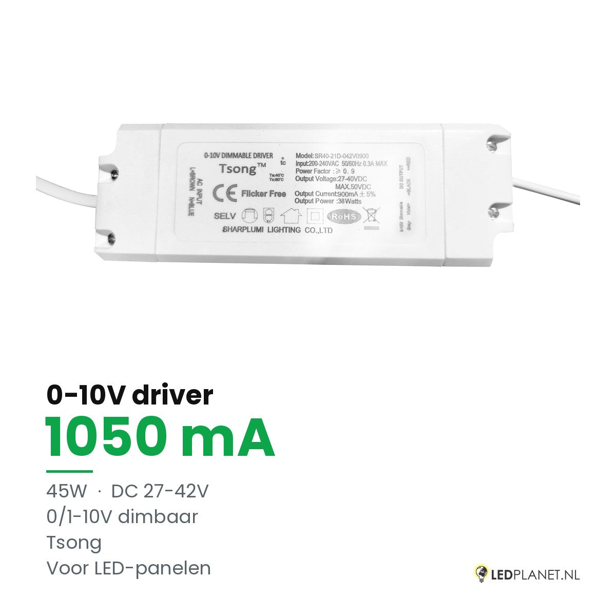 Dimbare LED-driver 0-10V - 45W - 1050 mA - DC 27-42V