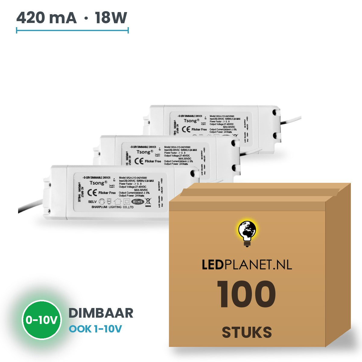 Doos met 100 stuks Dimbare LED-driver 0-10V - 18W - 420 mA - DC 27-42V