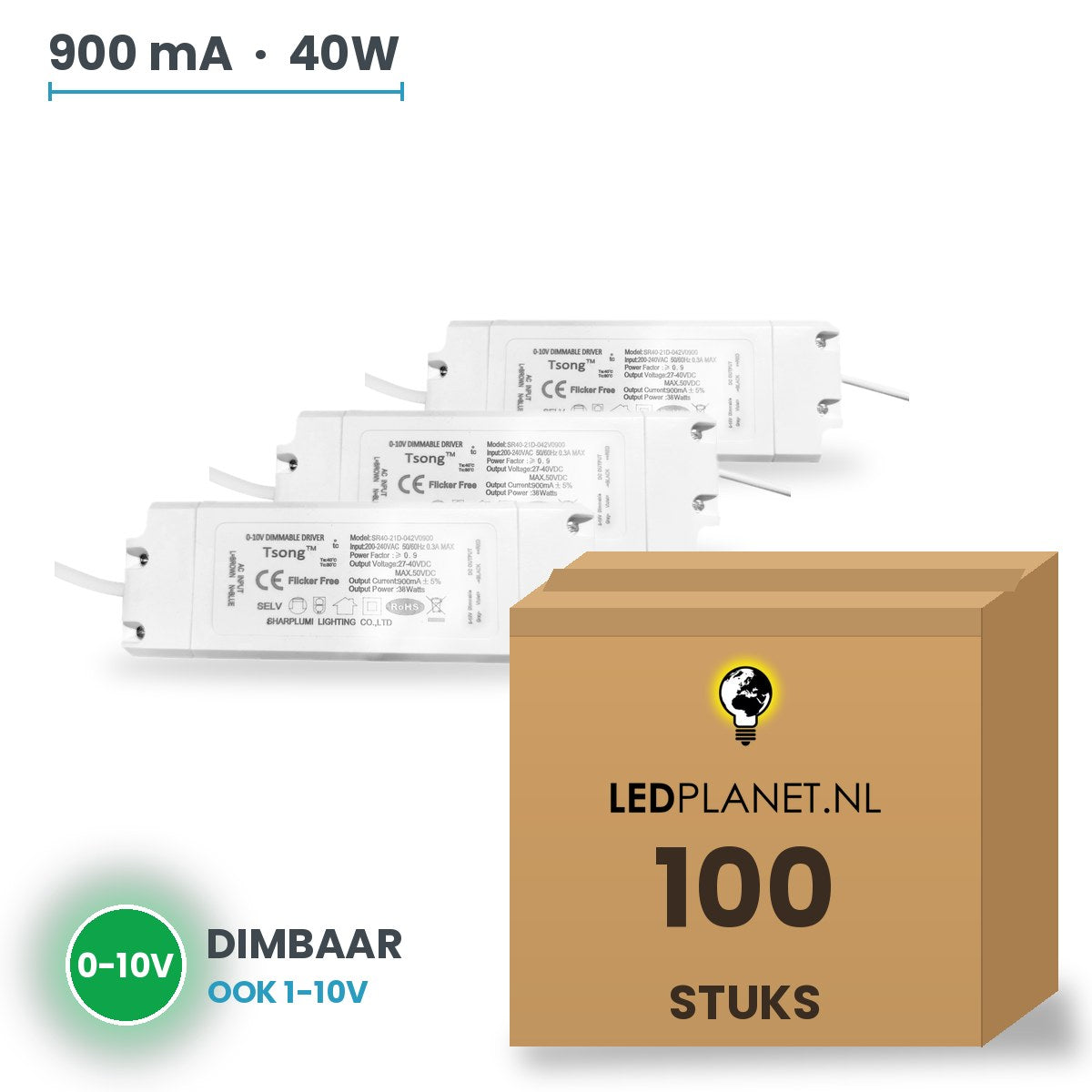 Doos met 100 stuks Dimbare LED-driver 0-10V - 40W - 900 mA - DC 27-42V