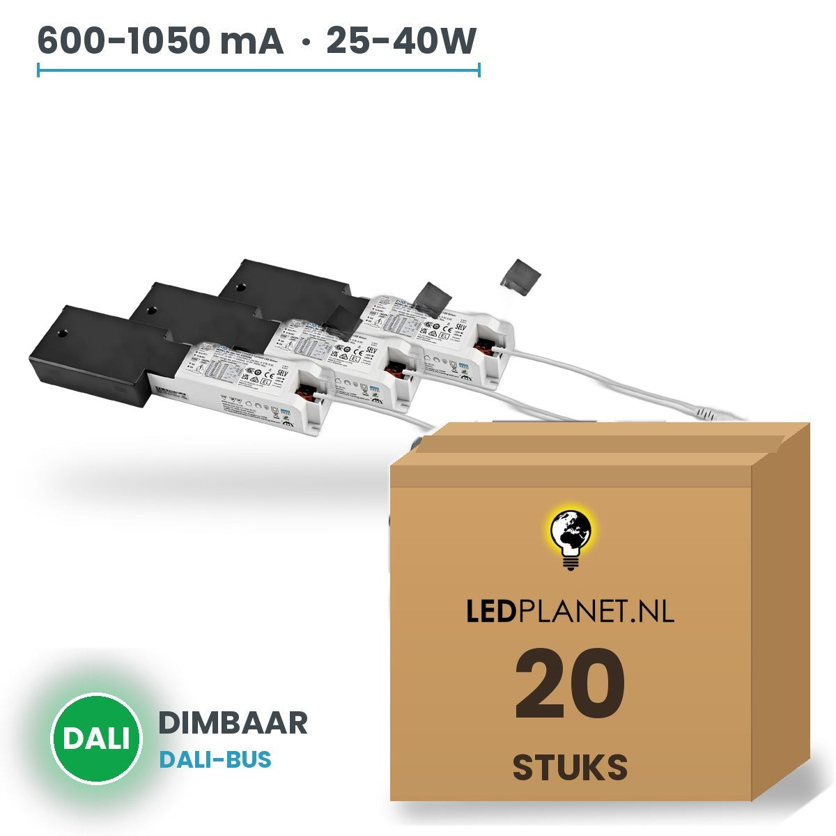 Doos met 20 stuks Dimbare LED-driver DALI - 25-40W - 600-1050 mA instelbaar - max. 42V - Boke
