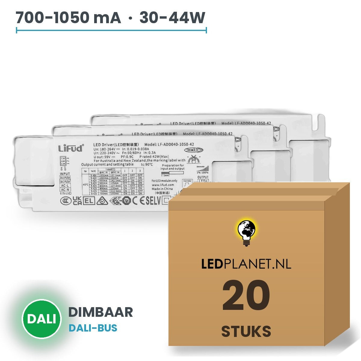 Doos met 20 stuks Dimbare LED-driver DALI - 30-44W - 700-1050 mA instelbaar - max. 42V - Lifud