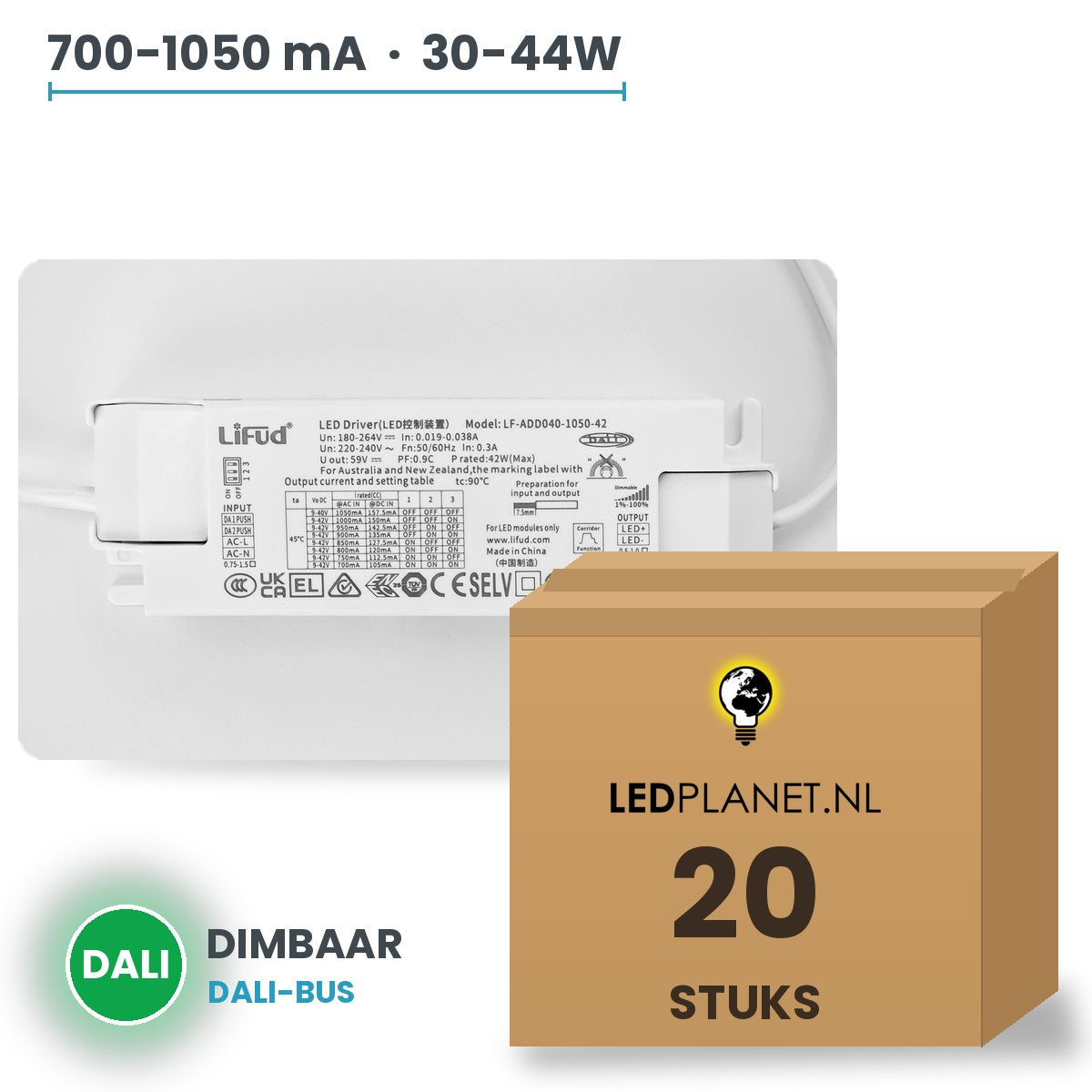 Doos met 20 stuks Dimbare LED-driver DALI - 30-44W - 700-1050 mA instelbaar - max. 42V - Lifud
