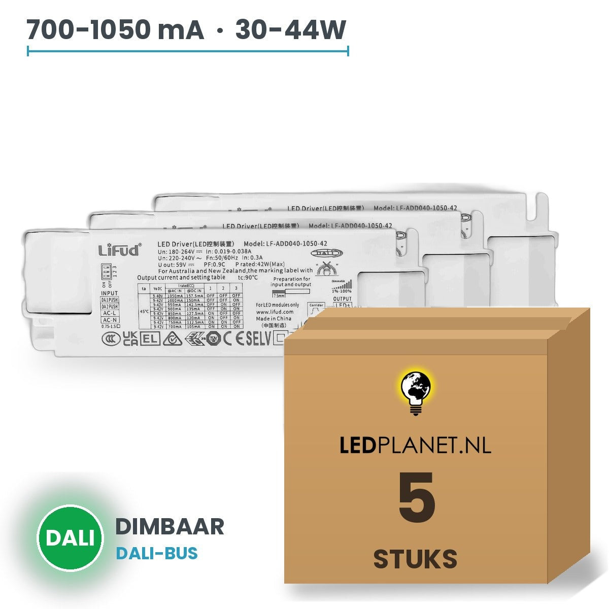 Doos met 5 stuks Dimbare LED-driver DALI - 30-44W - 700-1050 mA instelbaar - max. 42V - Lifud