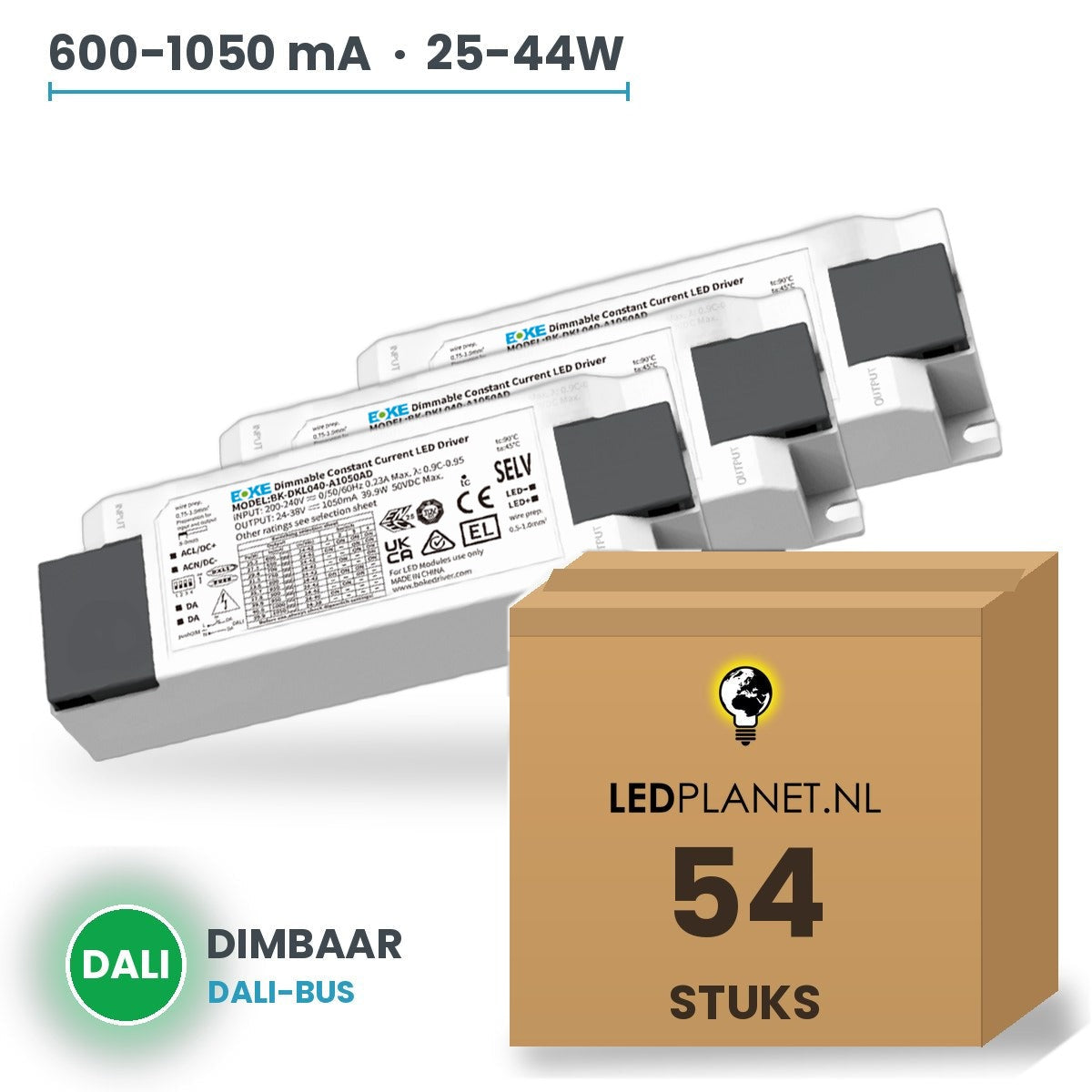 Doos met 54 stuks Dimbare LED-driver DALI - 25-44W - 600-1050 mA instelbaar - max. 42V - Boke - zonder aansluitkast