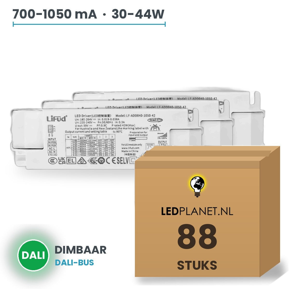 Doos met 88 stuks Dimbare LED-driver DALI - 30-44W - 700-1050 mA instelbaar - max. 42V - Lifud