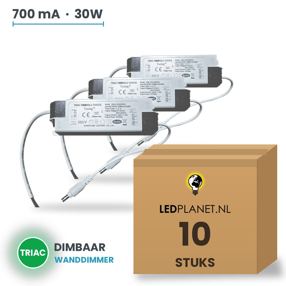 Doos met 10 stuks Dimbare LED-driver Triac - 30W - 700 mA - DC 27-42V