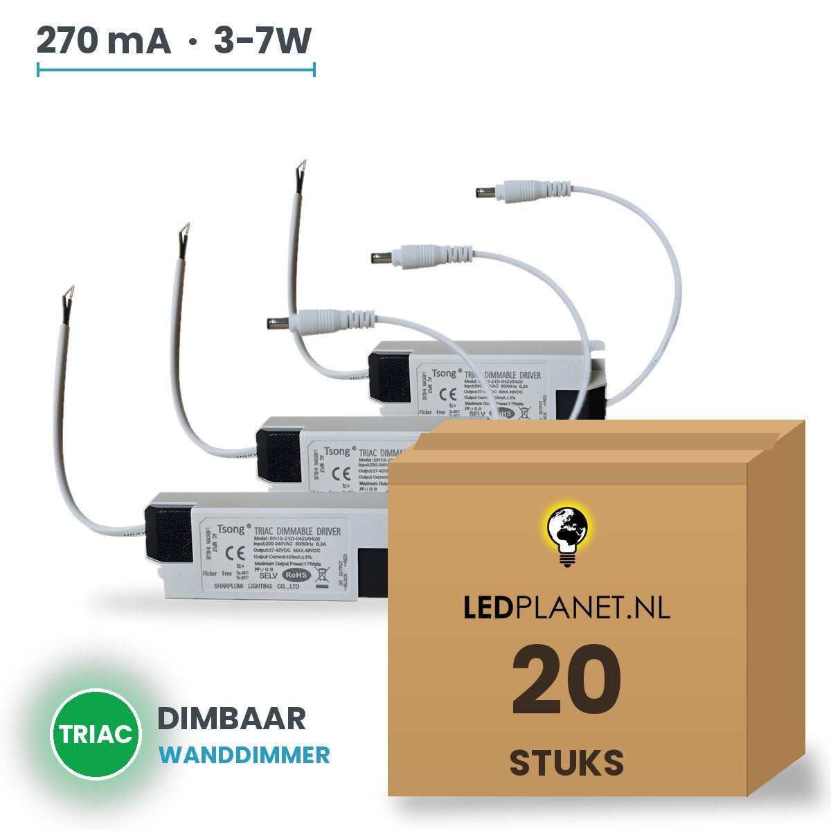 Doos met 20 stuks Dimbare LED-driver Triac - 3-7W - 270 mA - DC 8-23V