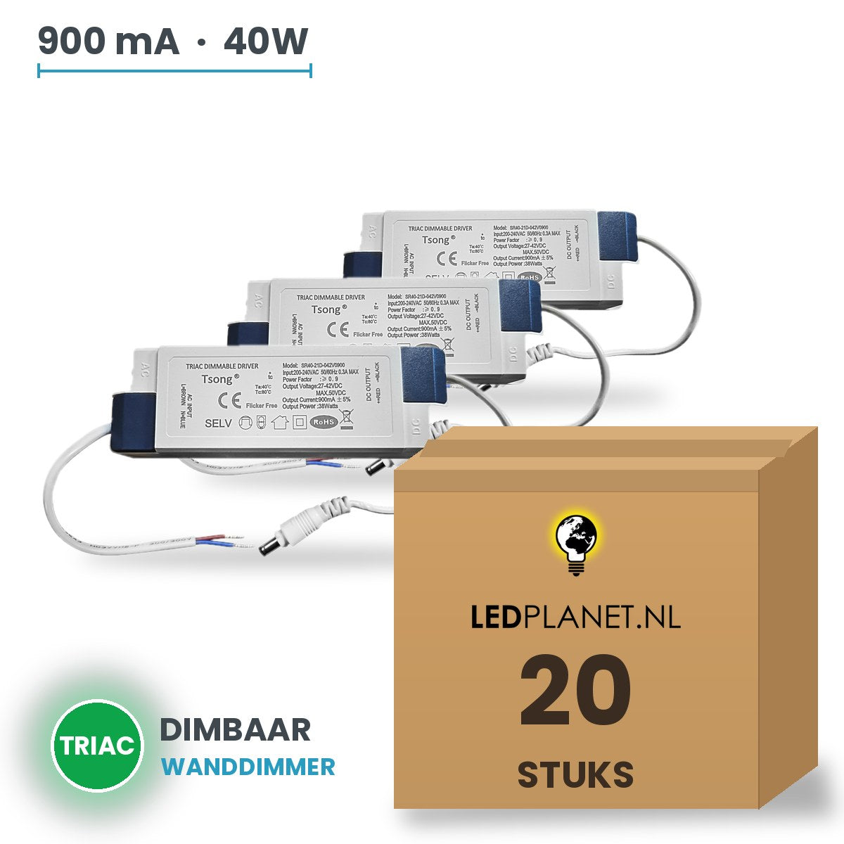 Doos met 20 stuks Dimbare LED-driver Triac - 40W - 900 mA - DC 27-42V