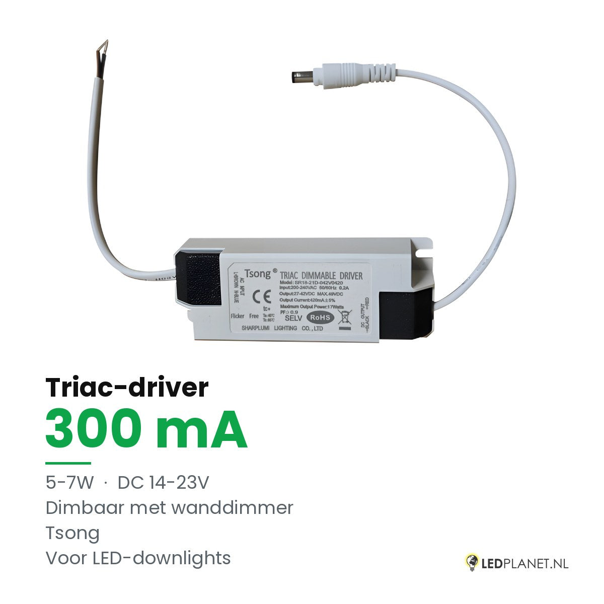 Dimbare LED-driver Triac - 5-7W - 300 mA - DC 14-23V