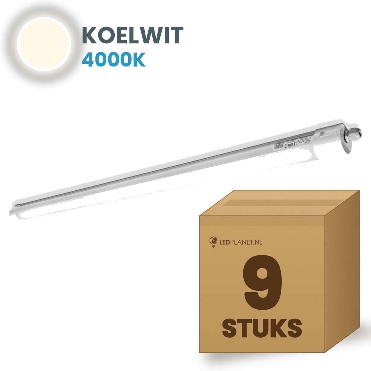 Doos met 9 LED tri-proof armaturen 1200mm koelwit 4000K