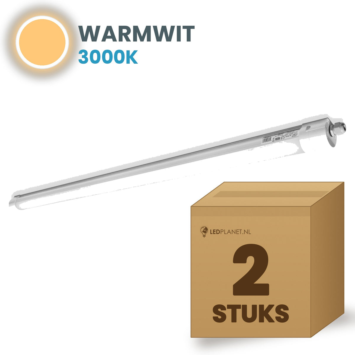 Doos met 2 LED tri-proof armaturen 1200mm warmwit 3000K