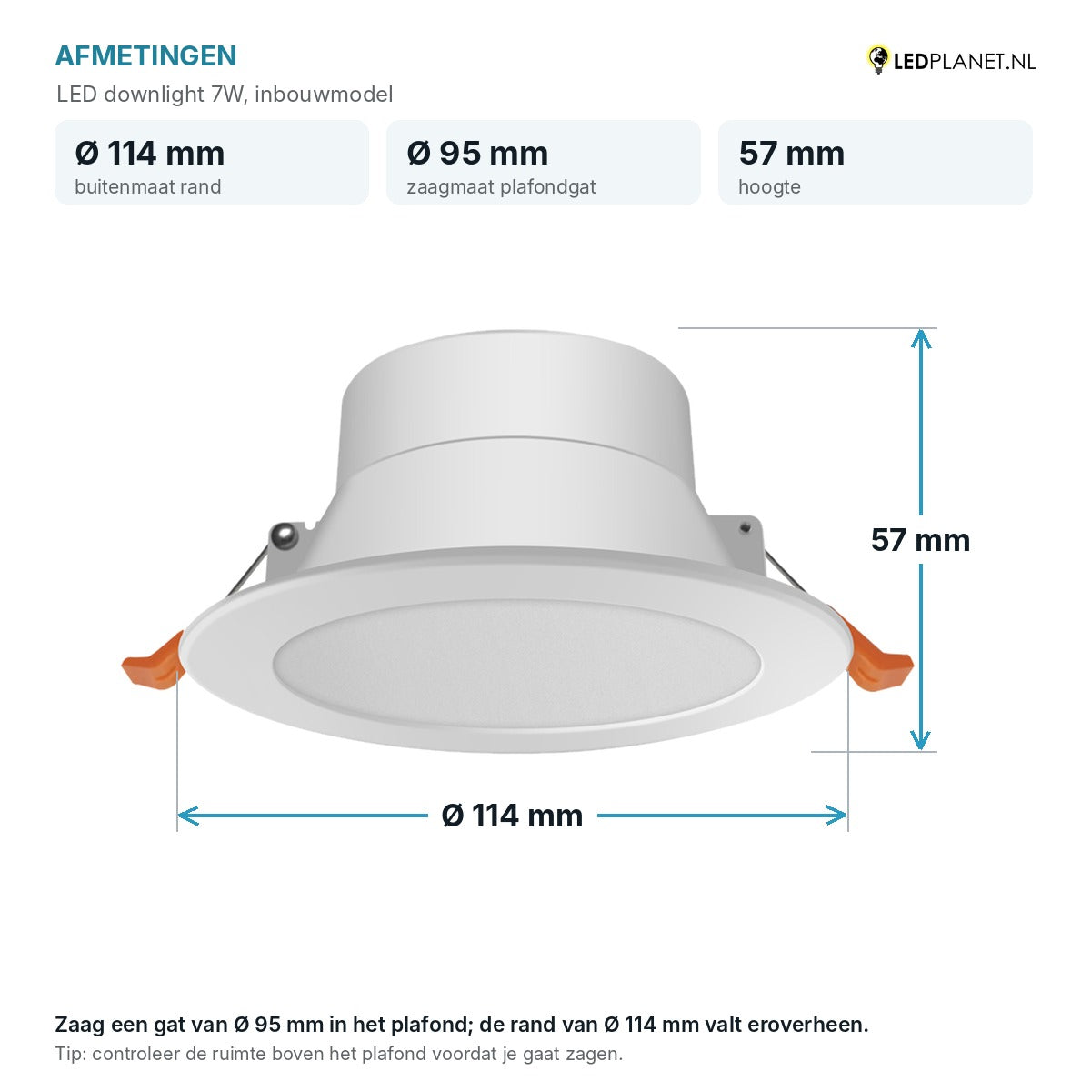 Afmetingen LED downlight 7W: Ø114 mm, hoogte 57 mm, zaagmaat Ø95 mm