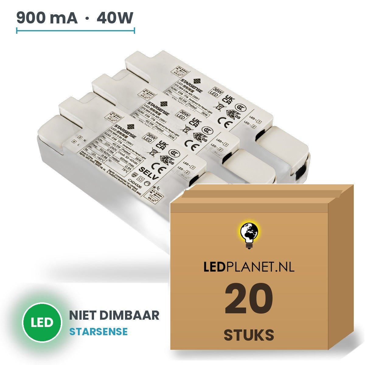 Doos met 20 stuks LED-driver voor LED-paneel - 40W - 900 mA - DC 33-42V - niet dimbaar - Starsense