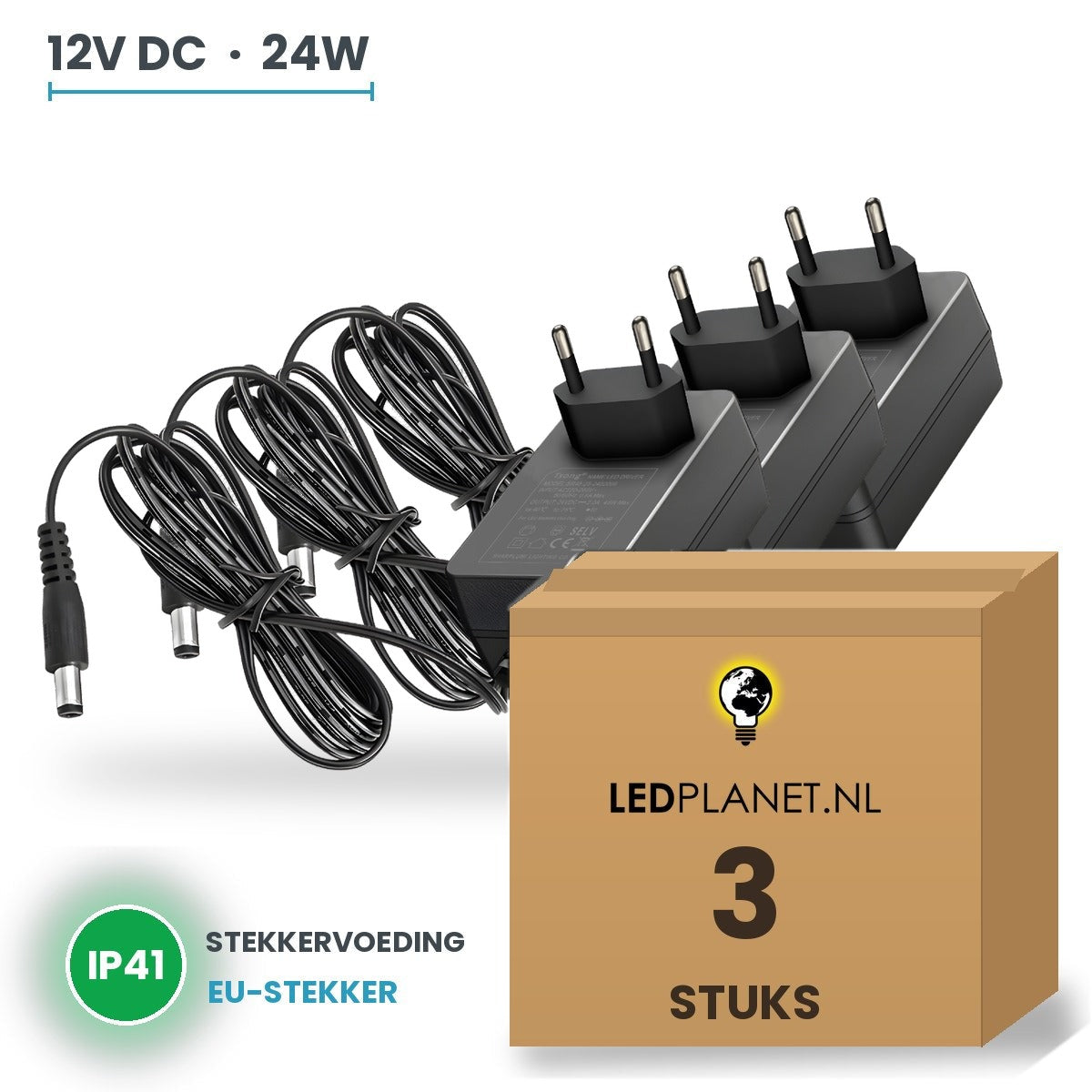 Doos met 3 stuks LED Driver 12V DC - 24W - 2A - Stekkervoeding EU - IP41
