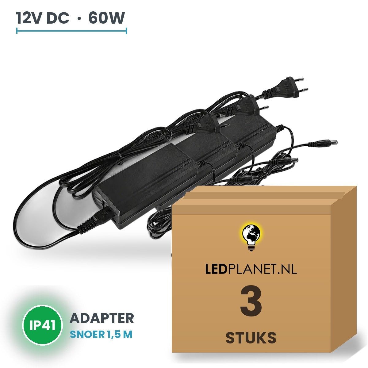 Doos met 3 stuks LED Driver 12V DC - 60W - 5A - Adapter met EU-stekker - IP41
