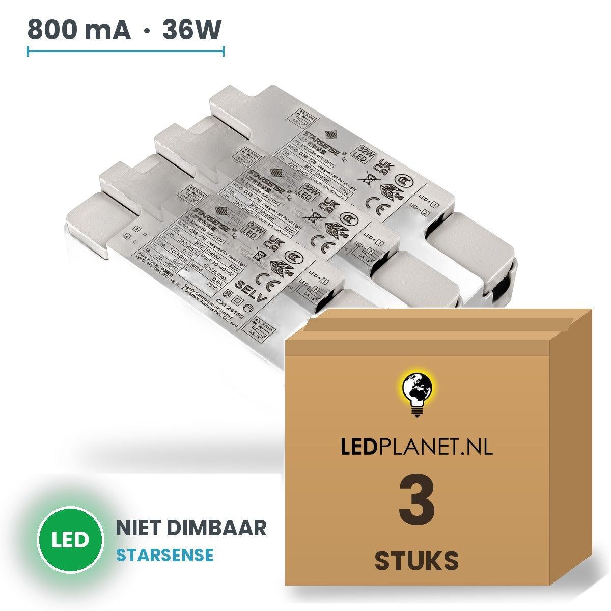 Doos met 3 stuks LED-driver voor LED-paneel - 36W - 800 mA - DC 33-42V - niet dimbaar - Starsense