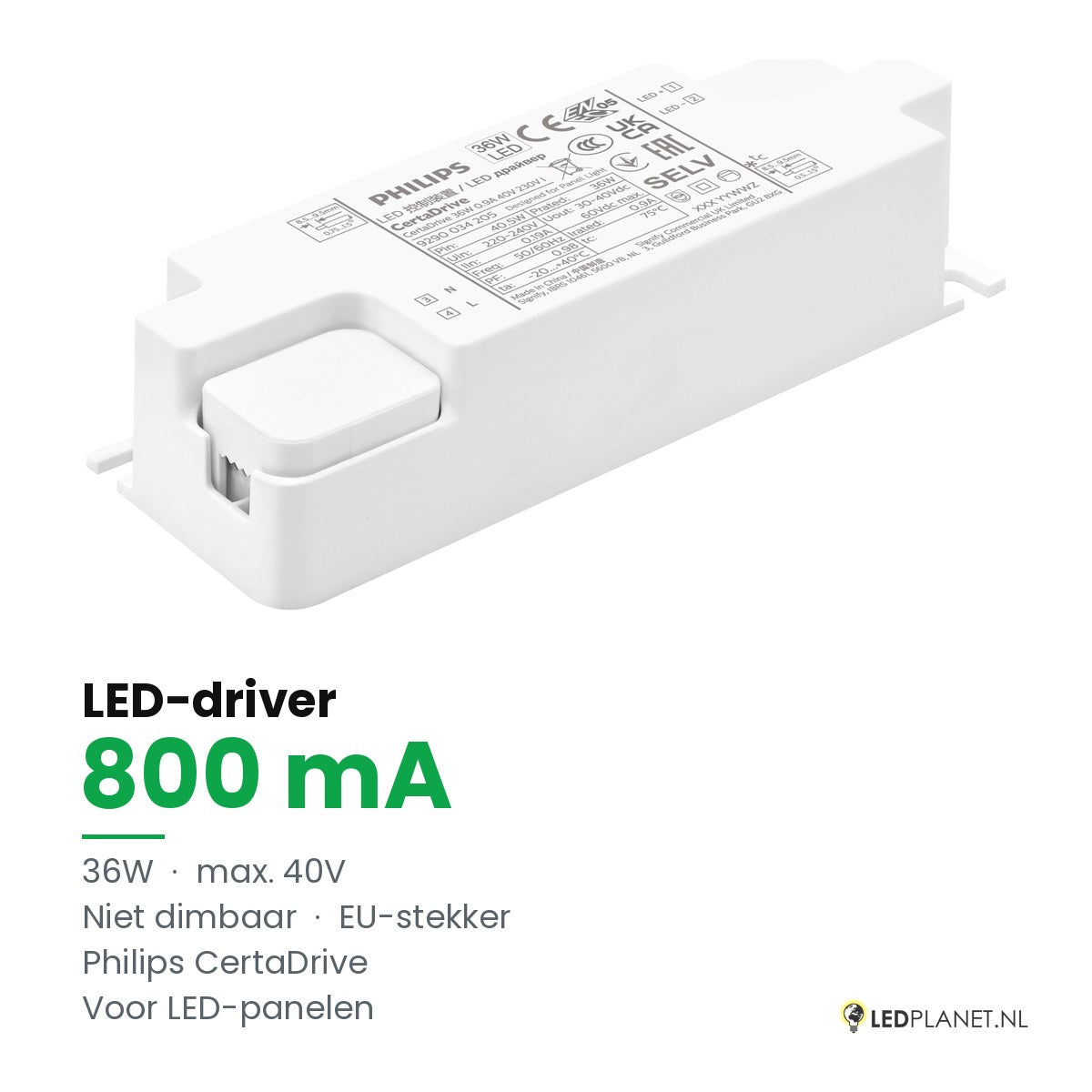 LED-driver voor LED-paneel - 36W - 800 mA - max. 40V - niet dimbaar - Philips CertaDrive - met EU-stekker
