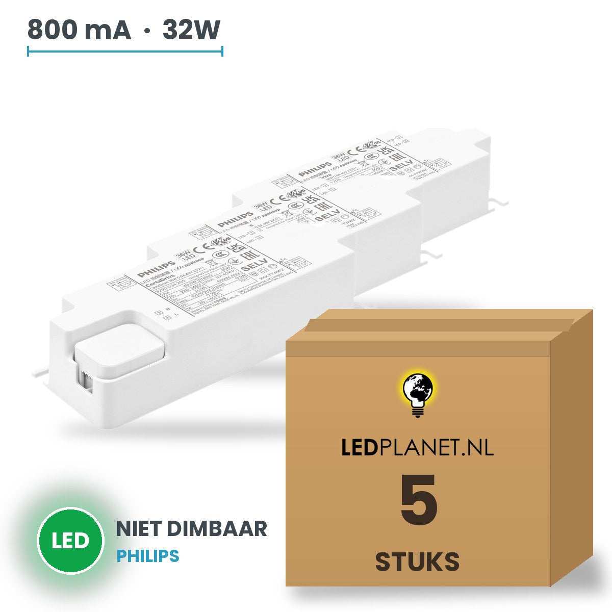 Doos met 5 stuks LED-driver voor LED-paneel - 32W - 800 mA - max. 42V - niet dimbaar - Philips