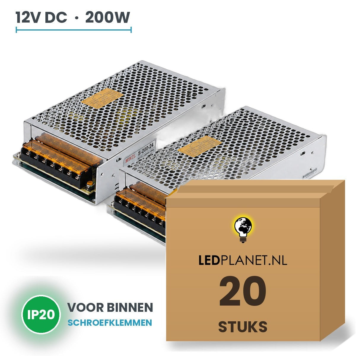 Doos met 20 stuks LED Driver 12V DC - 200W - 16,67A - IP20 - metalen behuizing