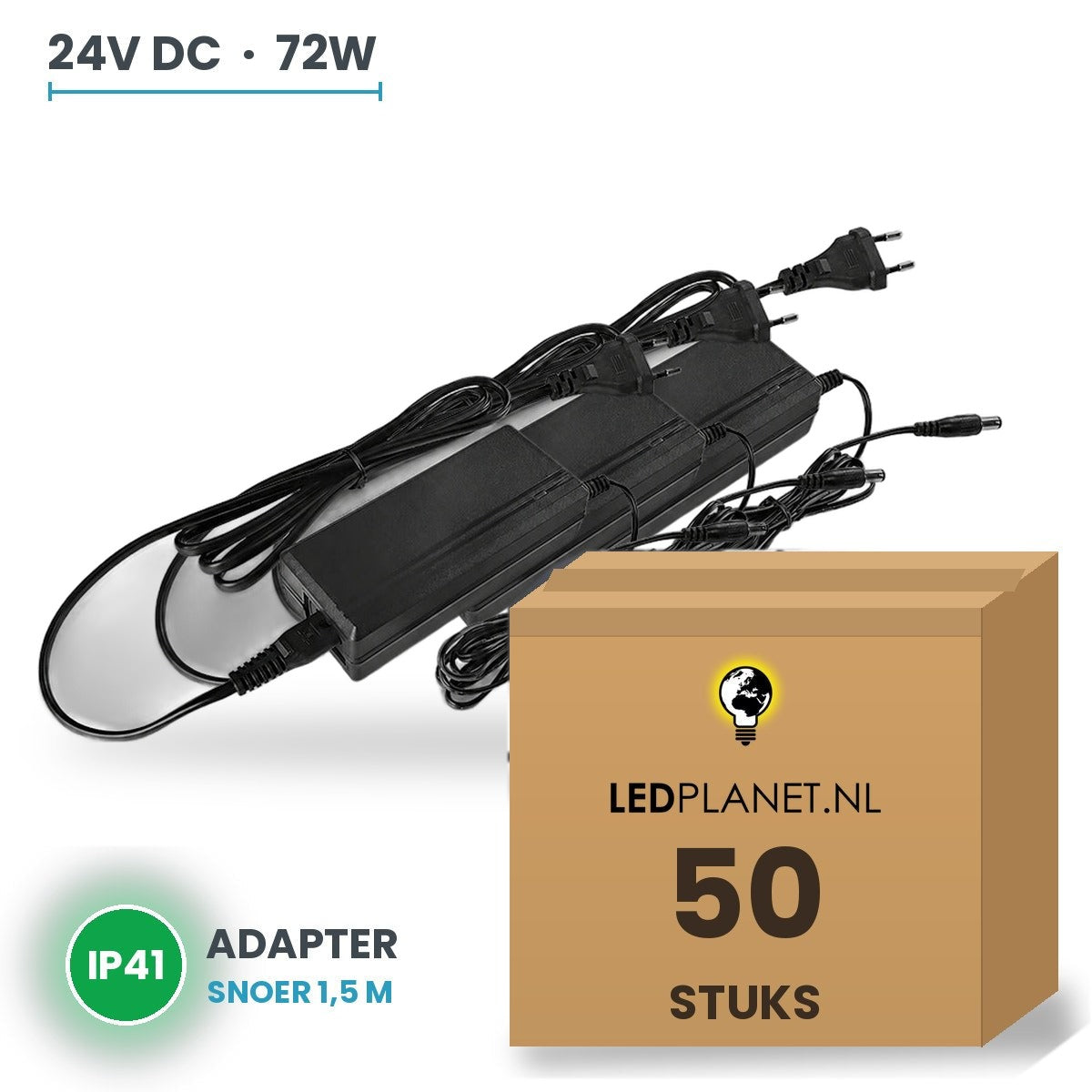 Doos met 50 stuks LED Driver 24V DC - 72W - 3A - Adapter met EU-stekker - IP41