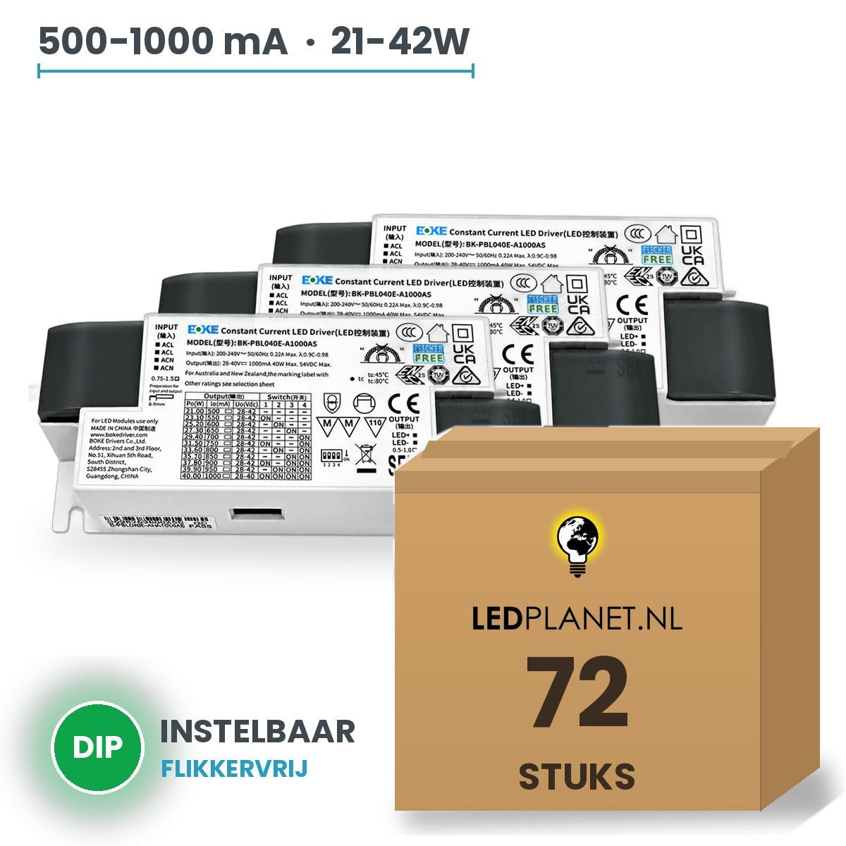 Doos met 72 stuks LED-driver voor LED-paneel - 21-42W - 500-1000 mA instelbaar - DC 28-42V - flikkervrij - Boke - zonder aansluitkast