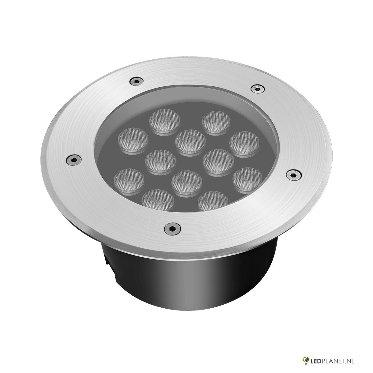 LED inbouw grondspot 12W met RVS rand, schuin bovenaanzicht