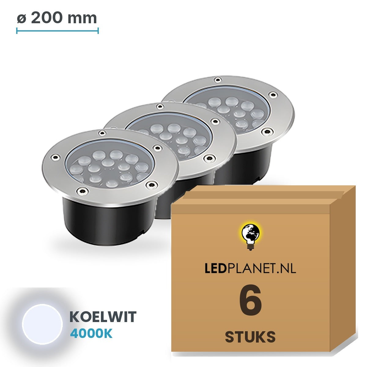 Doos met 6 stuks LED inbouw grondspot 18W, lichtkleur koelwit 4000K