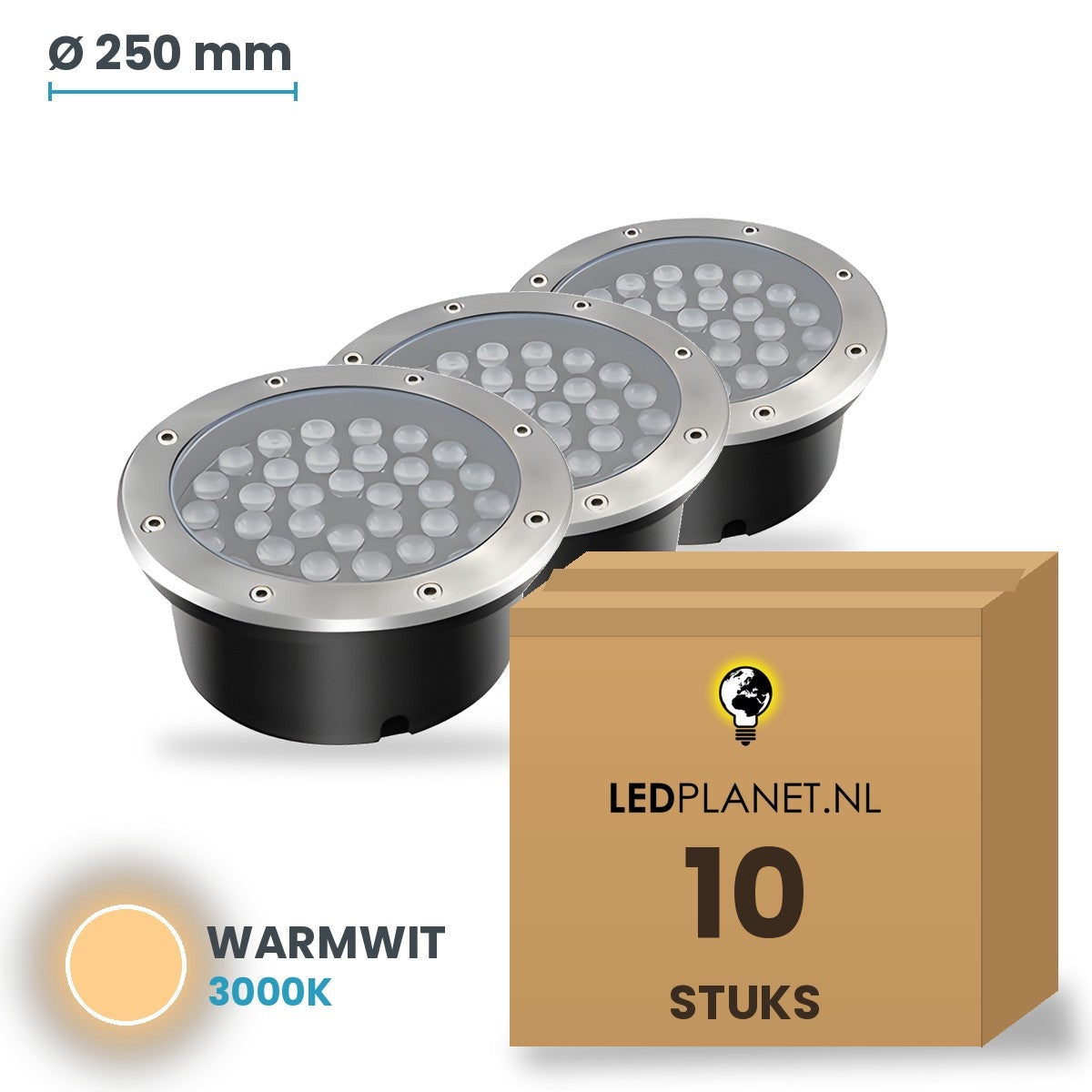 Doos met 10 stuks LED inbouw grondspot 36W, lichtkleur warmwit 3000K