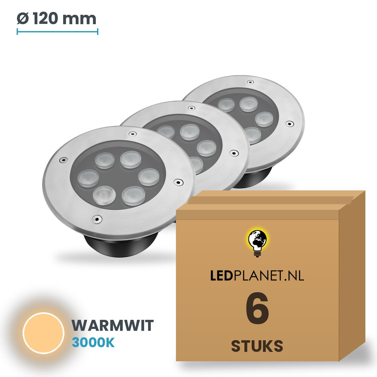 Doos met 6 stuks LED inbouw grondspot 6W, lichtkleur warmwit 3000K